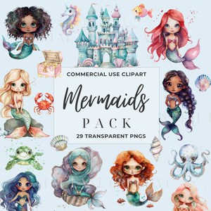 Imágenes prediseñadas de sirena en acuarela, bajo el mar, animales del océano, conchas, descarga instantánea, PNG transparentes