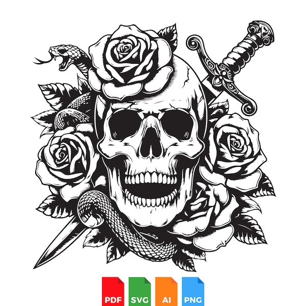 Skull with rose, dagger and snake, skull vector clipart, line art clipart, skull digital download,