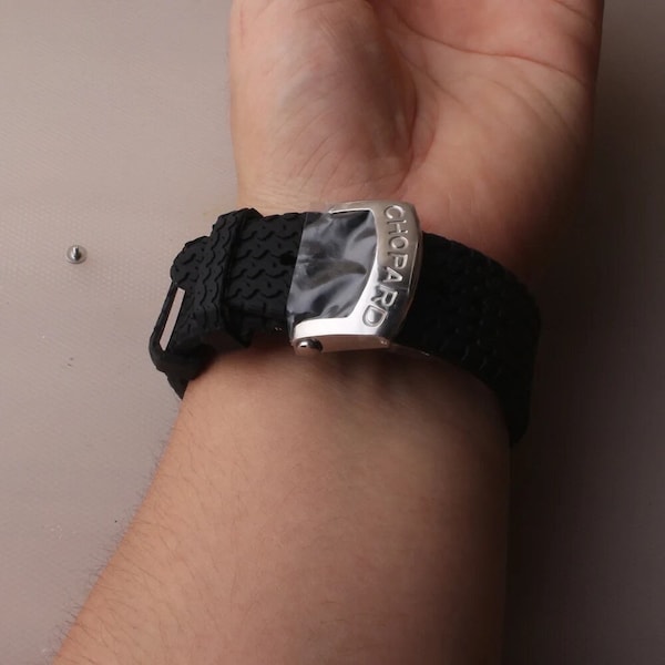 Bracelet de montre Chopard 23 mm en caoutchouc noir, silicone, bracelet de montre souple avec boucle en acier inoxydable argenté pour montre homme