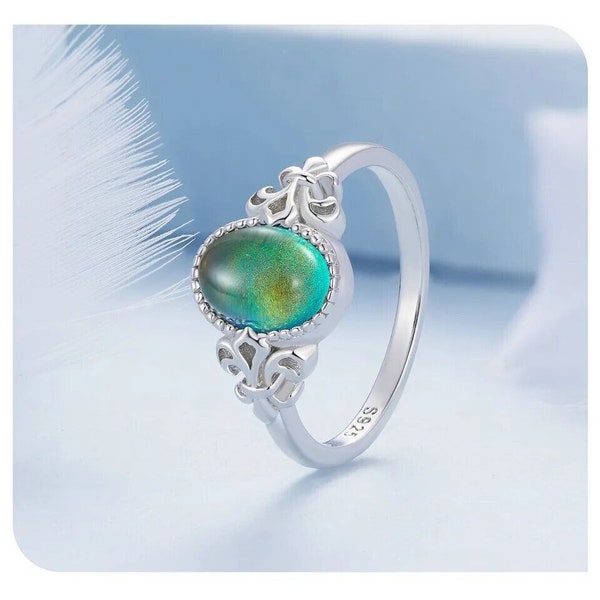 Emotion Ring ,Sterling Silver: Color Change Oval Stone Mood Ring - Fine Jewelry Gift in Solid 925 Sterling Silver!