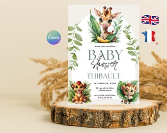 Carte invitation baby shower animaux safari , baby shower animaux jungle girafe , lion , carte invitation personnalisable baby shower bébé