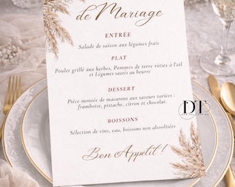 Personalized rustic wedding menu, chic wedding table menu, rustic pampas-themed wedding table decorations, pretty customizable menu