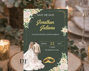 Sage green floral rose wedding invitation, elegant and romantic personalized save the date card, chic rustic wedding invitation