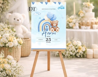 Personalized christening welcome sign, teddy bear, christening poster, welcome sign for baby boy, blue decoration for boy