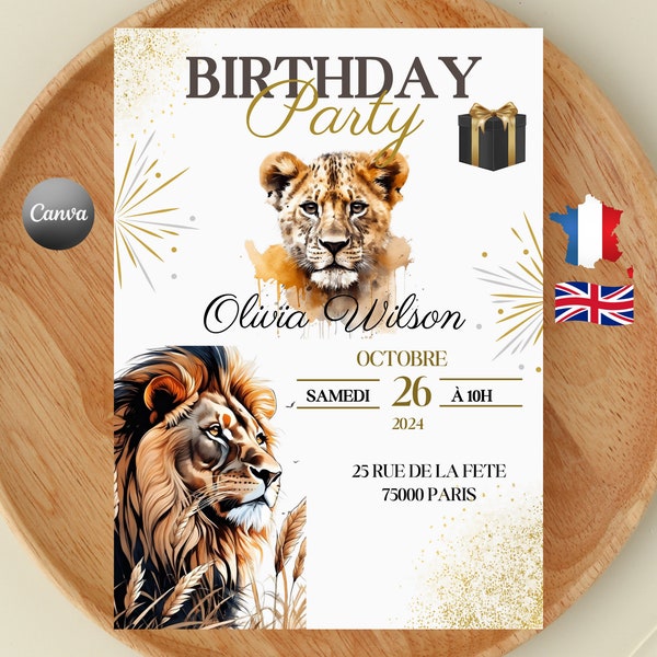 Carte d'invitation anniversaire Lion , invitation anniversaire thème savane jungle avec lions , carte anniversaire enfant imprimable