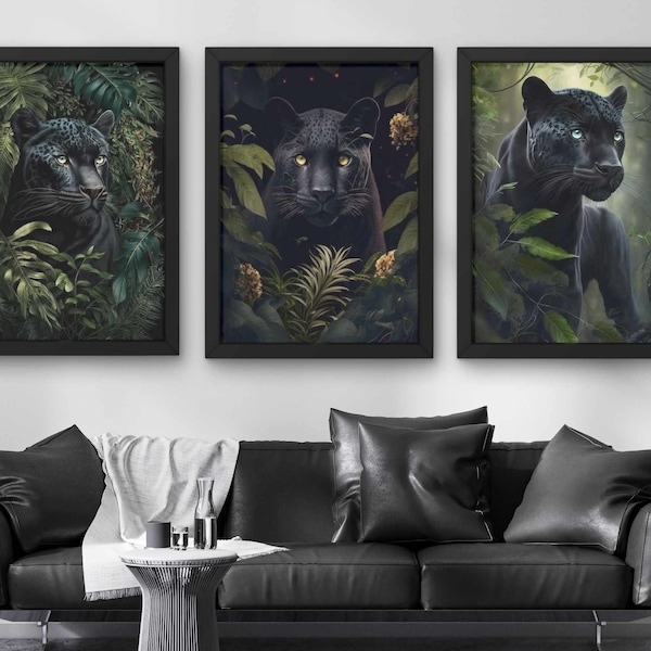 Interior decoration set of 3 panther wall posters modern decor home modern decoration digital poster decorative frame