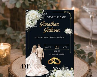 Black and gold wedding invitation with illustration of the bride and groom, elegant and romantic personalized save the date wedding invitation