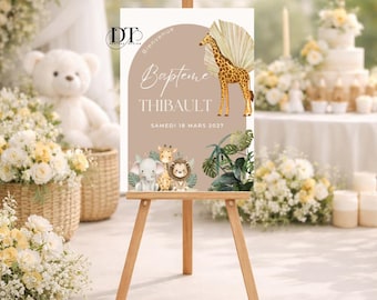 Customizable jungle-themed baptism welcome sign, personalized metal poster, welcome baptism decoration, jungle safari giraffe