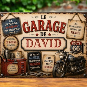 Peut inclure: Une plaque métallique rectangulaire portant l'inscription LE GARAGE DE DAVID en grandes lettres rouges et noires. Le design comprend des illustrations d'une moto, d'une servante d'atelier rouge, de clés et de petits panneaux avec du texte français, le tout sur un fond crème à l'aspect vieilli.
