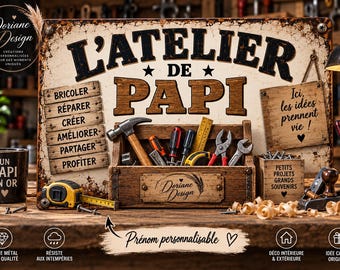 Plaque métal vintage atelier personnalisé, pancarte garage décoration murale passionné de voiture plaque personnalisé cadeau papi , papa
