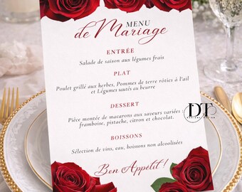 Personalized wedding menu, chic wedding table menu, floral themed wedding table decorations, pretty customizable menu with red roses