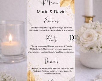 Personalized wedding menu with gold foliage, chic wedding table menu, original gold and gilded wedding table decorations