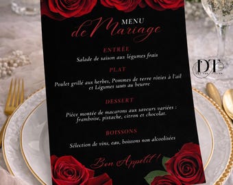 Personalized black and red wedding menu, chic wedding table menu, red rose wedding table decorations, pretty customizable menu