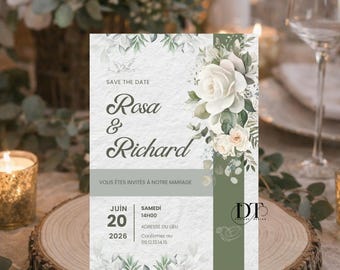 Sage green floral rose wedding invitation, elegant and romantic personalized save the date card, chic rustic wedding invitation