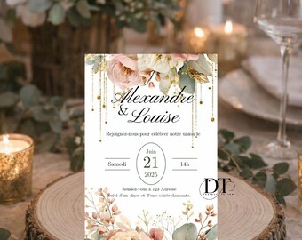 Personalized wedding invitations, chic wedding invitations, floral-themed wedding table decorations, pretty customizable invitations