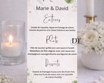 Personalized wedding menu with green foliage, chic wedding table menu, original wedding table decoration