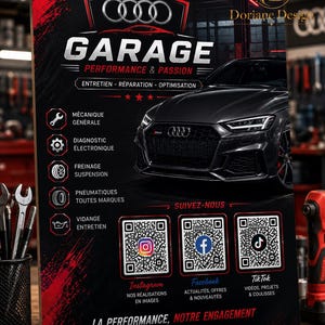 May include: A rectangular sign featuring a black and red design with an Audi car image, the text GARAGE PERFORMANCE & PASSION, and service icons. It includes three QR codes for Instagram, Facebook, and TikTok, along with contact details and the text LA PERFORMANCE, NOTRE ENGAGEMENT.