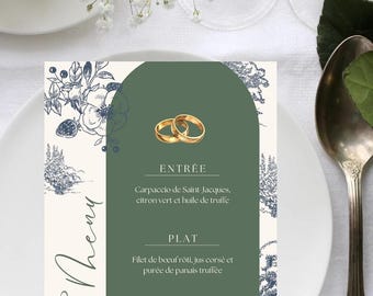 Personalized green floral wedding menu, chic wedding table menu, luxury wedding table decoration, pretty customizable menu