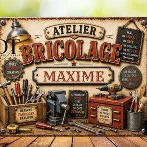 Peut inclure: Une plaque en métal rectangulaire à l'aspect vieilli portant le texte ATELIER BRICOLAGE MAXIME. Le design présente des illustrations d'une caisse à outils en bois, un étau en métal, une servante rouge, une perceuse et divers outils manuels.