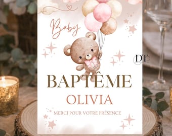 Personalized floral teddy bear christening welcome sign, custom metal christening welcome poster for a girl, bear decoration