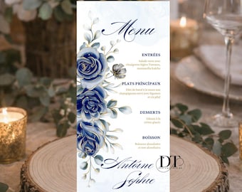 Personalized blue and yellow wedding menu, chic wedding table settings, rustic-themed wedding table decorations with roses, customizable menu