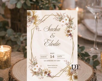 Bohemian pampas floral wedding invitation, elegant and romantic personalized save the date, chic rustic wedding invitation