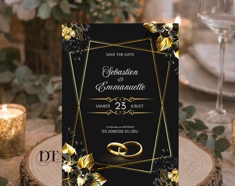 Black and gold wedding invitation with floral illustration, elegant and romantic personalized save the date