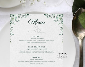 Personalized wedding menu, chic green floral wedding table menu, floral themed wedding table decorations, pretty customizable menu