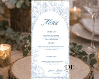 Dolce Vita wedding menu, personalized menu, chic wedding table settings, blue and yellow Dolce Vita themed wedding table decorations