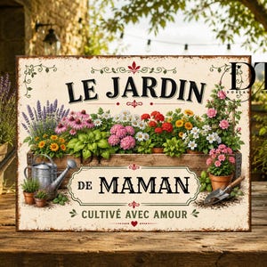 May include: A distressed metal sign with the French text "Le Jardin de Maman" (Mum's Garden) and "Cultivé Avec Amour" (Cultivated with Love). The sign depicts a wooden planter box filled with colorful flowers, a watering can, and a trowel.