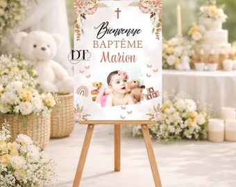 Customizable floral rustic baptism welcome sign, personalized metal baptism welcome poster, event decoration
