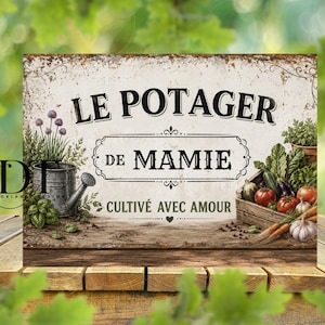 Pode incluir: Uma placa de madeira rústica com o texto "LE POTAGER DE MAMIE" e "CULTIVÉ AVEC AMOUR". A placa apresenta ilustrações de um regador, vegetais e ervas, evocando um tema de jardim vintage.