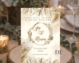 Bohemian pampas floral wedding invitation, elegant and romantic personalized save the date, chic rustic wedding invitation