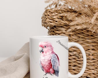 Personalized parrot mug, hooked beak bird mug, personalized first name parrot mug, African gray cockatiel, Rosalbine macaw