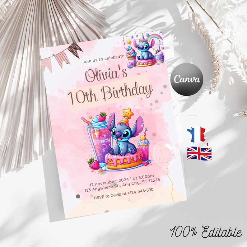 Invitation anniversaire Stitch , carte d'invitation modifiable personnalisable stitch , anniversaire stitch anniversaire enfant imprimable image 2