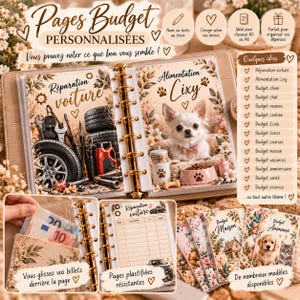 Peut inclure: Un système de classeur budgétaire personnalisé avec des pages intercalaires à motifs floraux portant des étiquettes comme 'Réparation voiture' et 'Alimentation Cixy'. L'ensemble comprend des pochettes plastifiées pour l'argent, des feuilles de suivi durables et divers inserts illustrés pour organiser les dépenses.