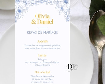 Dolce Vita wedding menu, personalized menu, chic wedding table settings, blue and yellow Dolce Vita themed wedding table decorations