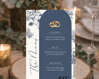 Personalized blue floral wedding menu, chic wedding table menu, luxury wedding table decoration, pretty customizable blue menu