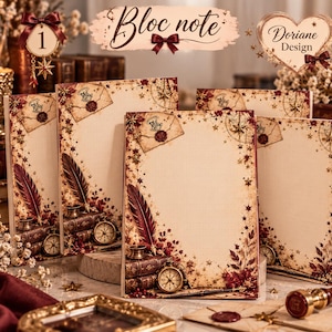 Op de afbeelding: Een set briefpapier met een vintage ontwerp, een crèmekleurige achtergrond, een bordeauxrode veer, gestapelde boeken, een kompas en een envelop met waszegel. De rand is versierd met gouden sterren en bloemen. Tekst Bloc note en Doriane Design.