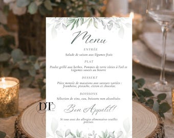 Personalized wedding menu, chic green floral wedding table menu, floral themed wedding table decorations, pretty customizable menu