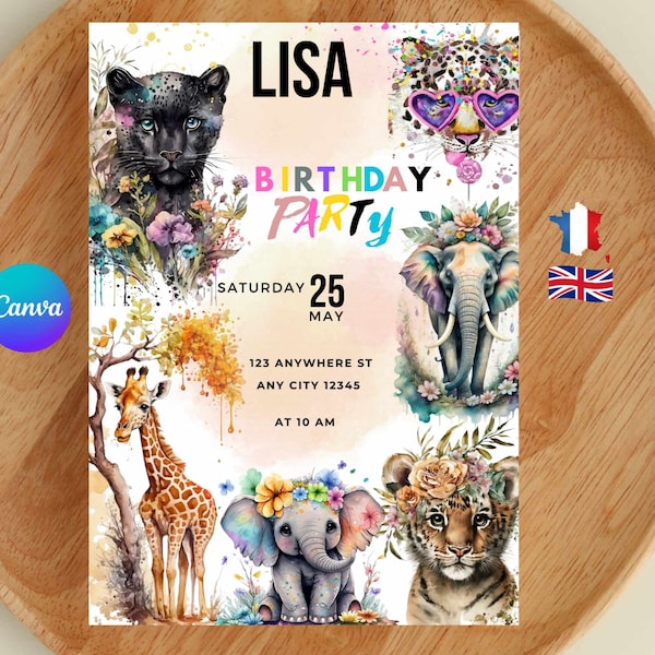 Carte d'invitation anniversaire Safary jungle animaux , anniversaire coloré thème savane lion éléphant carte invitation anniversaire enfant