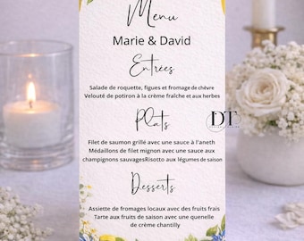 Dolce Vita wedding menu, personalized lemons. Chic wedding table menu, Dolce Vita themed wedding table decorations, blue, lemon yellow.