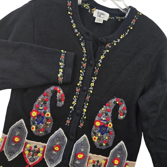 Bonnie Bill Black Embroidery Vintage 80s Floral Cardigan Sweater Medium Folk Art