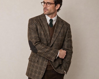 Jos A Bank Wool Windowpane Blazer Elbow Patch Vtg Sport Coat 43R Brown Academia