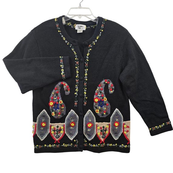 Bonnie Bill Black Embroidery Vintage 80s Floral Cardigan Sweater Medium Folk Art View 2