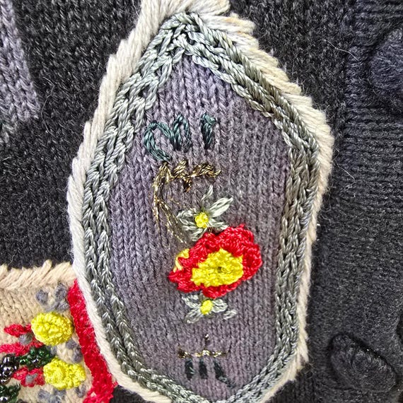 Bonnie Bill Black Embroidery Vintage 80s Floral Cardigan Sweater Medium Folk Art View 6