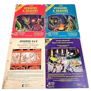 May include: Four vintage Dungeons & Dragons role-playing game books. The covers are red, blue, and white, featuring fantasy art of dragons, wizards, and adventurers. Titles include "Basic Rulebook," "Expert Rulebook," and "Dungeon Masters Adventure Log."