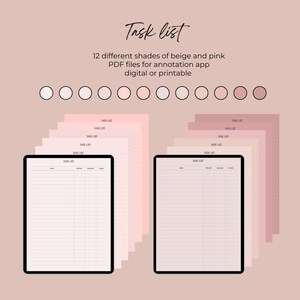May include: Twelve printable task list templates in various shades of beige and pink. Each template has a header that says "Task List".