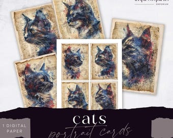 Cat Junk Journal Card Pack, Vintage Animal Ephemera, Feline Digital Page, Printable Ephemera, Paper Craft, Collage Sheet 8.5 x 11