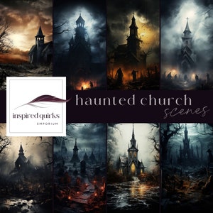 Verwunschene Kirche Hintergrund, dunkler Friedhof Hintergrund, illustrierte Mitternacht Overlay, Halloween Junk Journal Seiten, gruselige Scrapbooking Szene